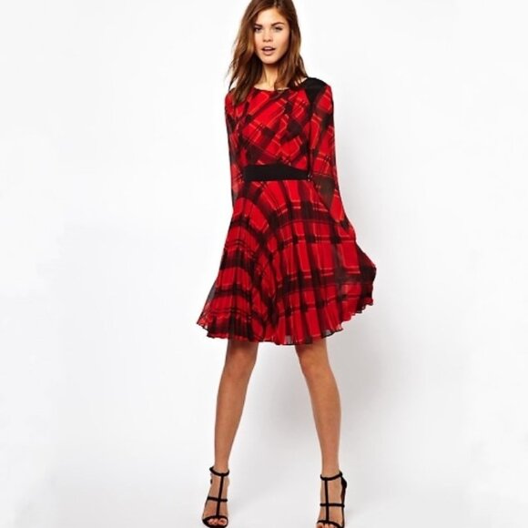 Karen Millen 100% Silk Check Print Fit & Flare Long Sleeve Dress - Size 4 - Picture 8 of 16